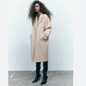 Elegant Beige Wool-Blend Long Coat - Women's Jacket & Coat
